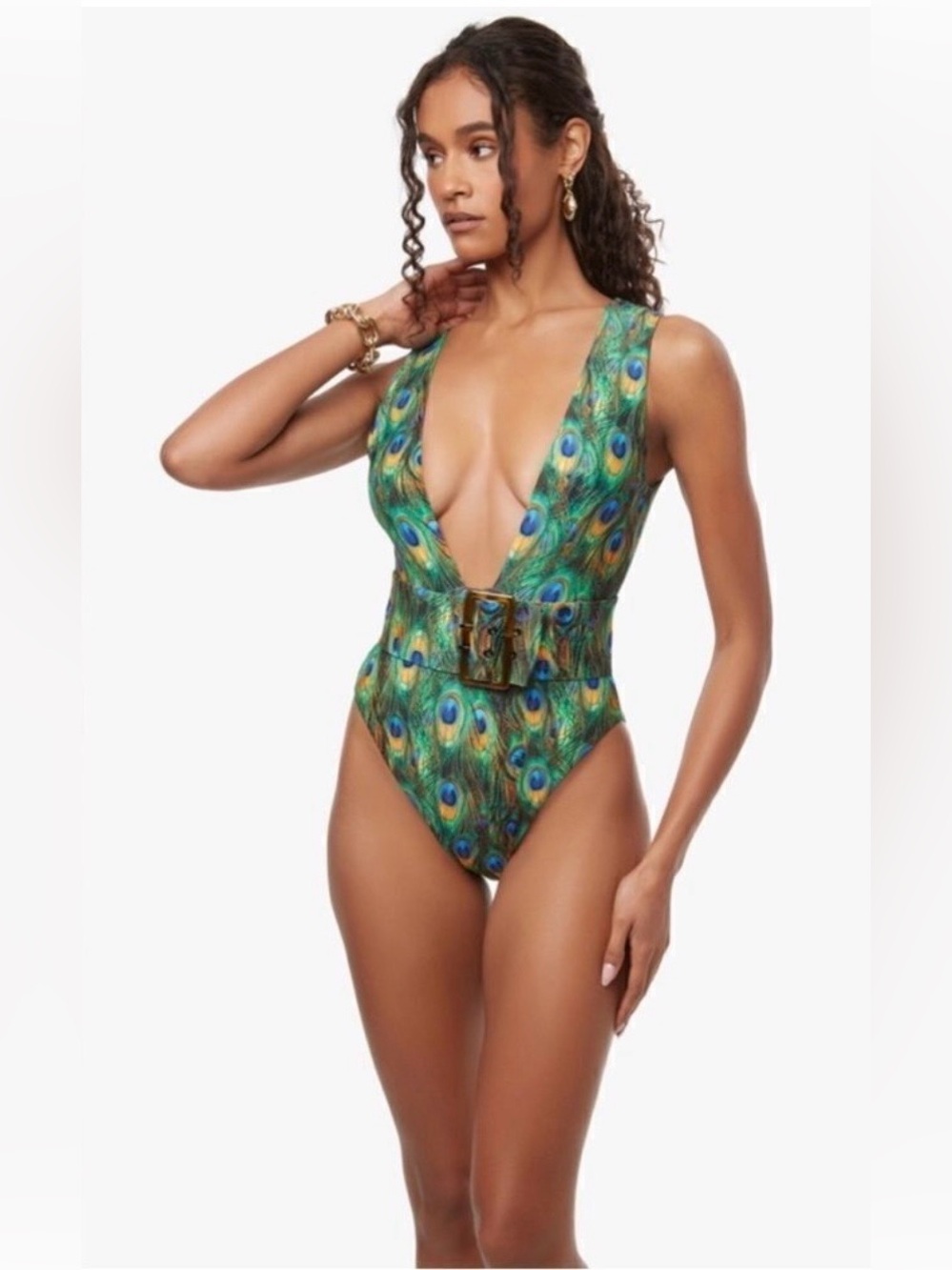 WE WORE WHAT Peacock-Print Plunged One-Piece Belted Swimsuit MEDIUM NEW!